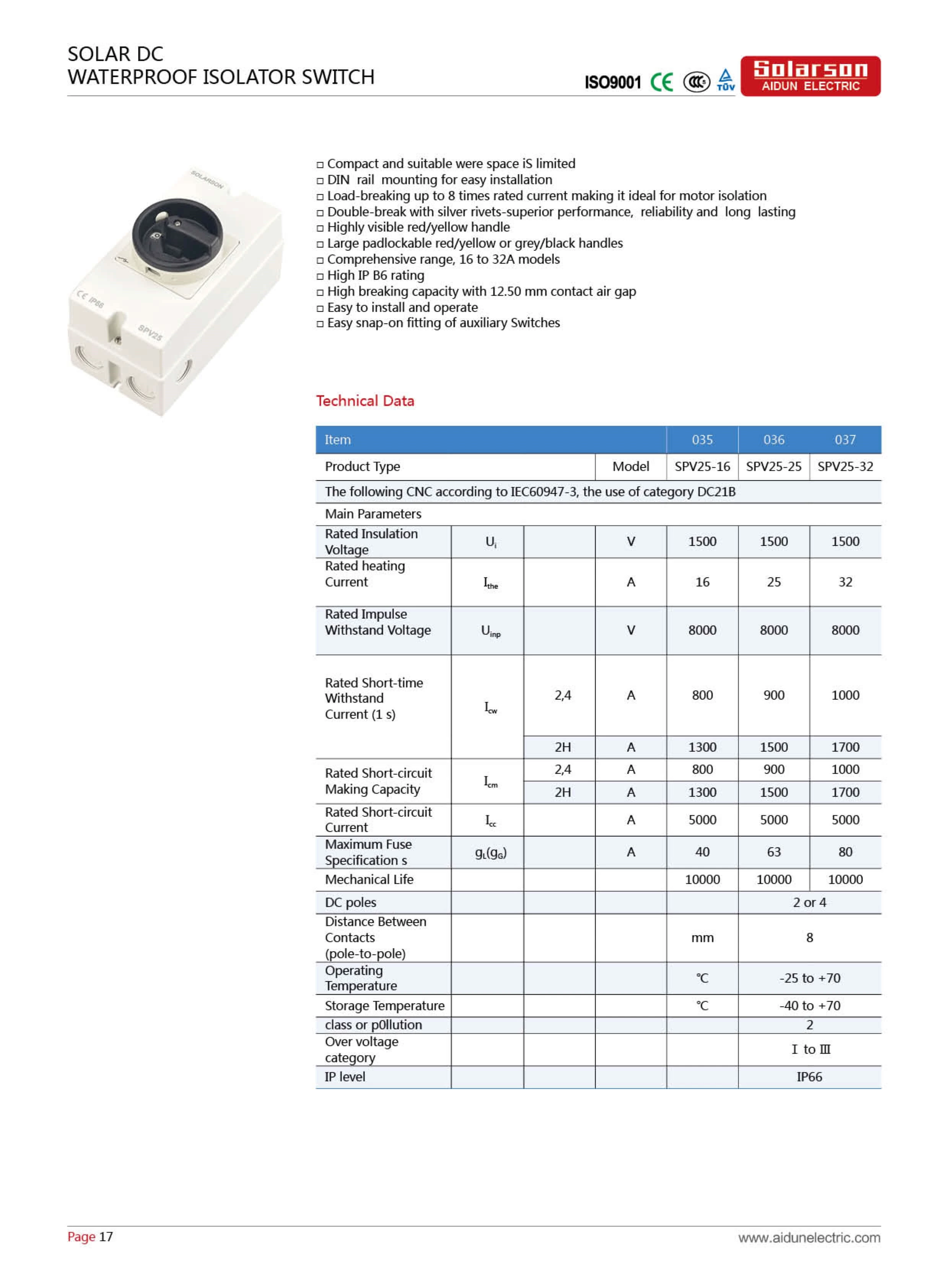 1000 В постоянного тока водонепроницаемый солнечный выключатель для солнечных батарей 16A, 25A, 32A