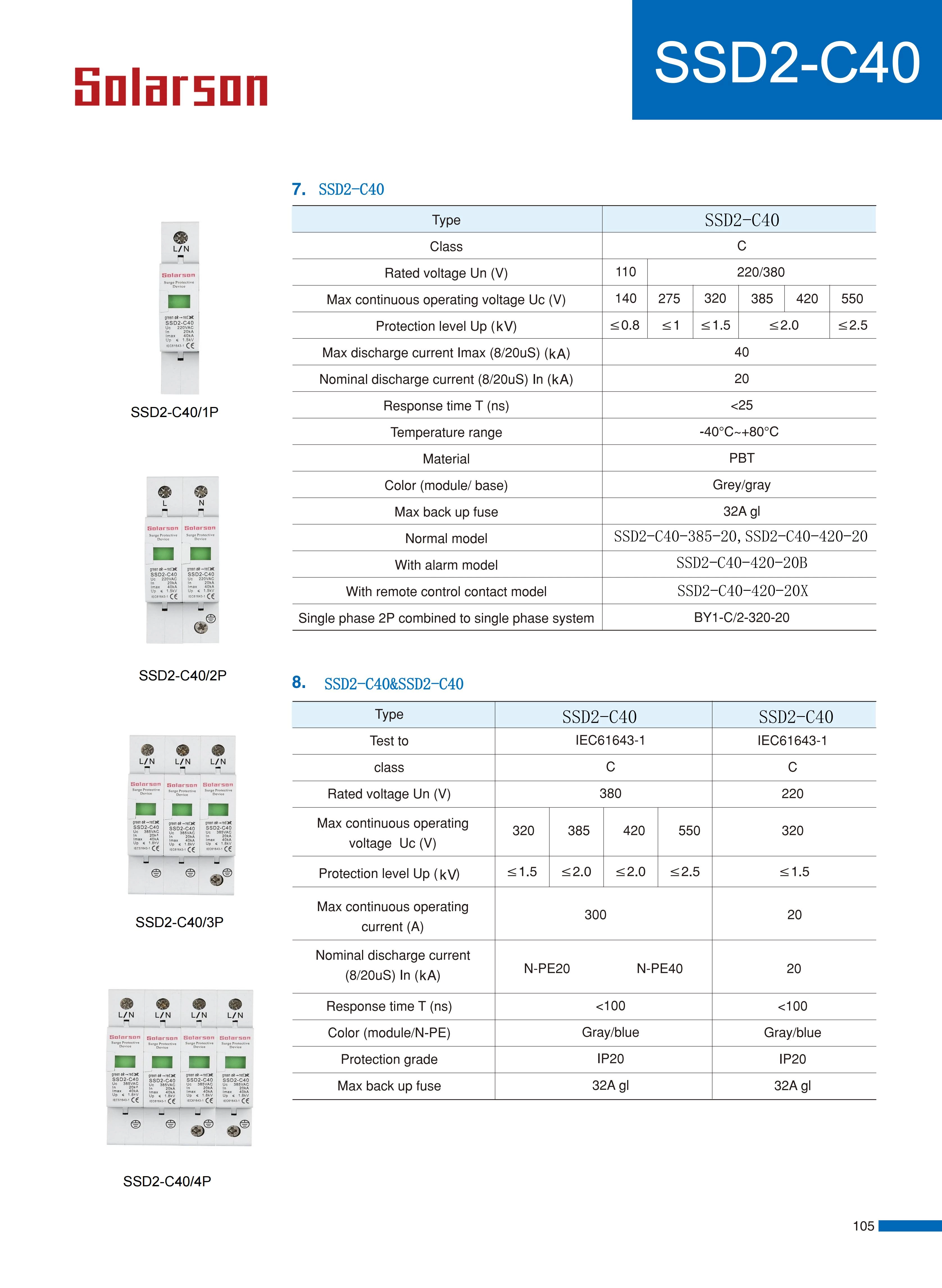 SSD2-C40 Surge protect device 220V 385V In 20kA Imax 40kA L/N 1P 2P 3P 4P