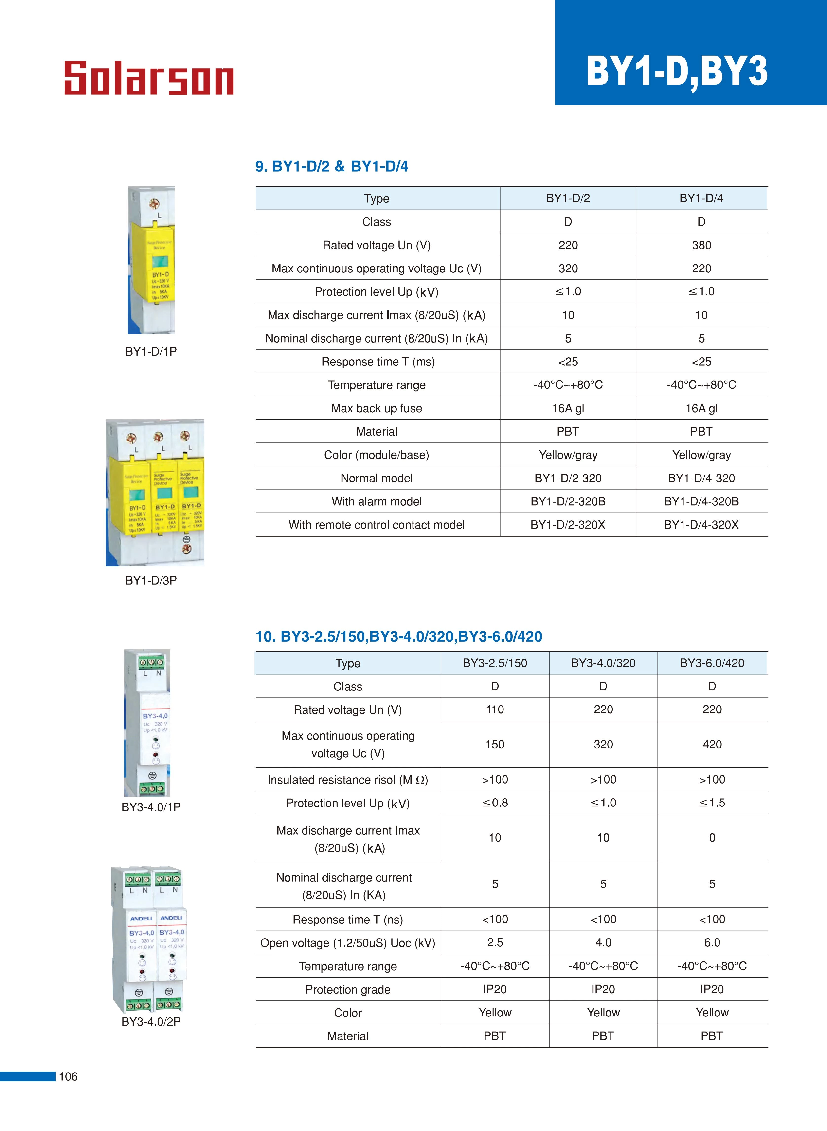 BY1-D  Surge Protector Surge Arresters Surge Protection Device 220V 385V 10kA 20kA 2P 3P 4P
