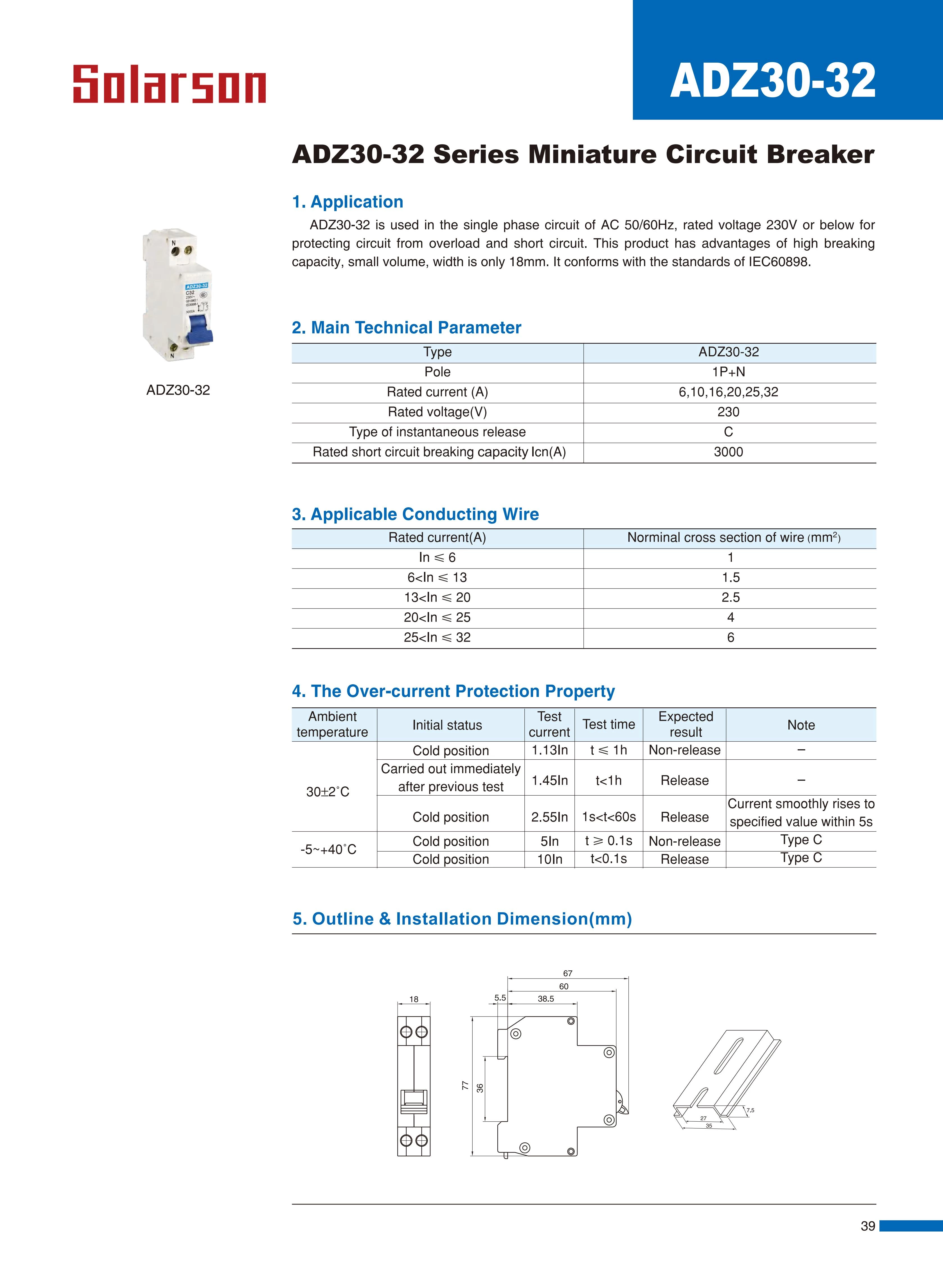 ADZ30-32 Series Miniature Circuit Breaker 230VAC 6A 10A 16A 20A 25A 32A