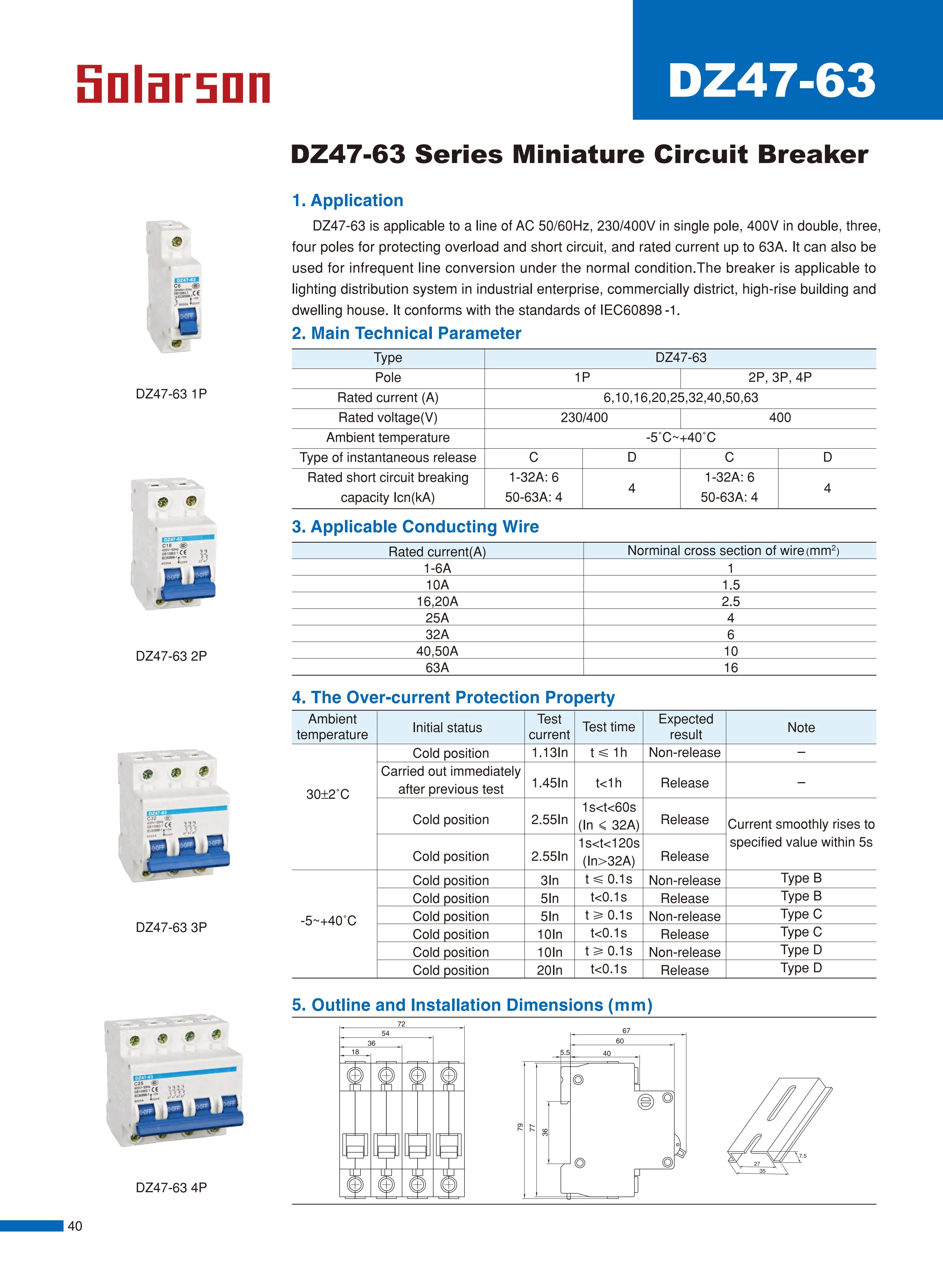DZ47-63 Series Miniature Circuit Breaker 230VAC 6A 10A 16A 20A 25A 32A 40A 50A 63A 1P 2P 3P 4P