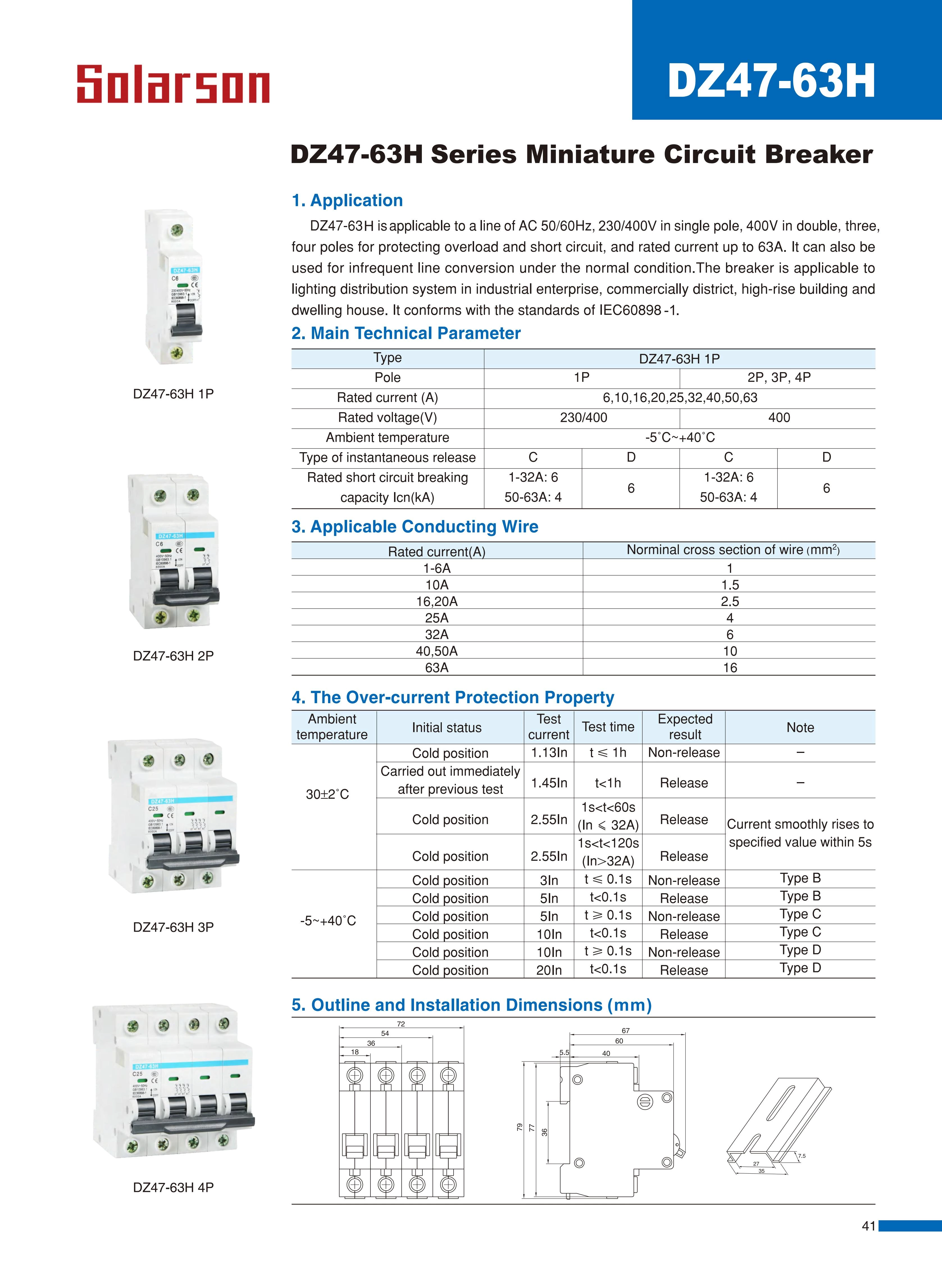 DZ47N-63 Series Miniature Circuit Breaker 230VAC 6A 10A 16A 20A 25A 32A 40A 50A 63A 1P 2P 3P 4P