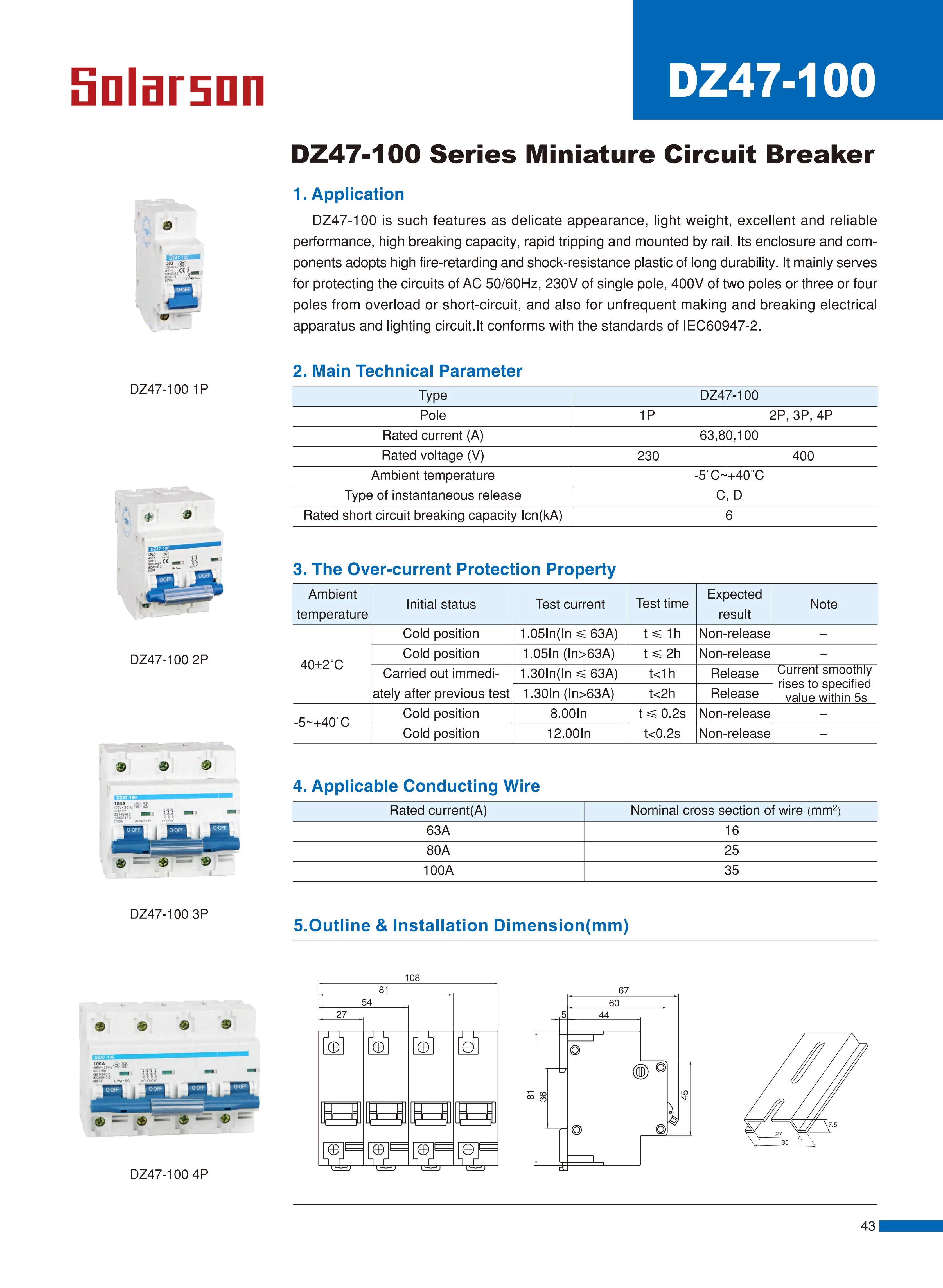 DZ47-100 Series Miniature Circuit Breaker 230VAC 400VAC 63A  80A 100A  1P 2P 3P 4P