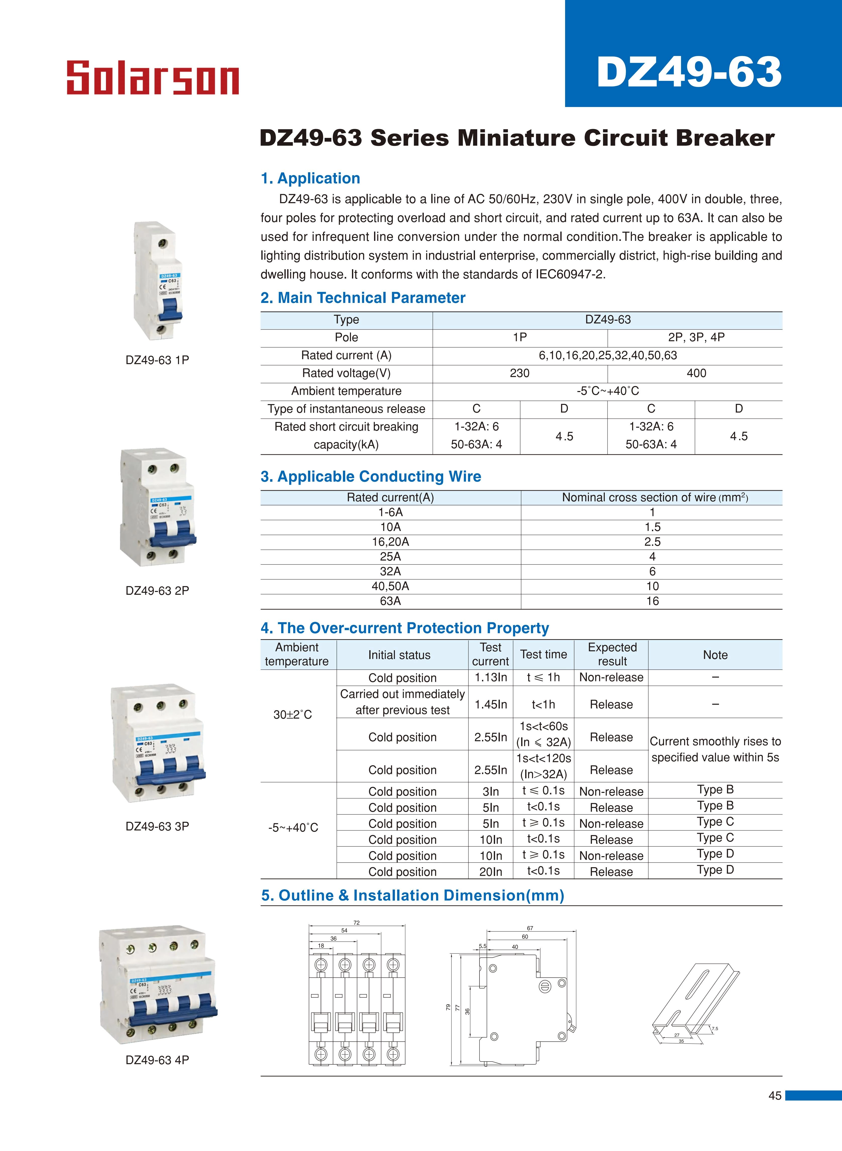 DZ49-63 Series Miniature Circuit Breaker 230VAC 400VAC 6A 10A 16A 20A 25A 32A 40A 50A 63A 1P 2P 3P 4P