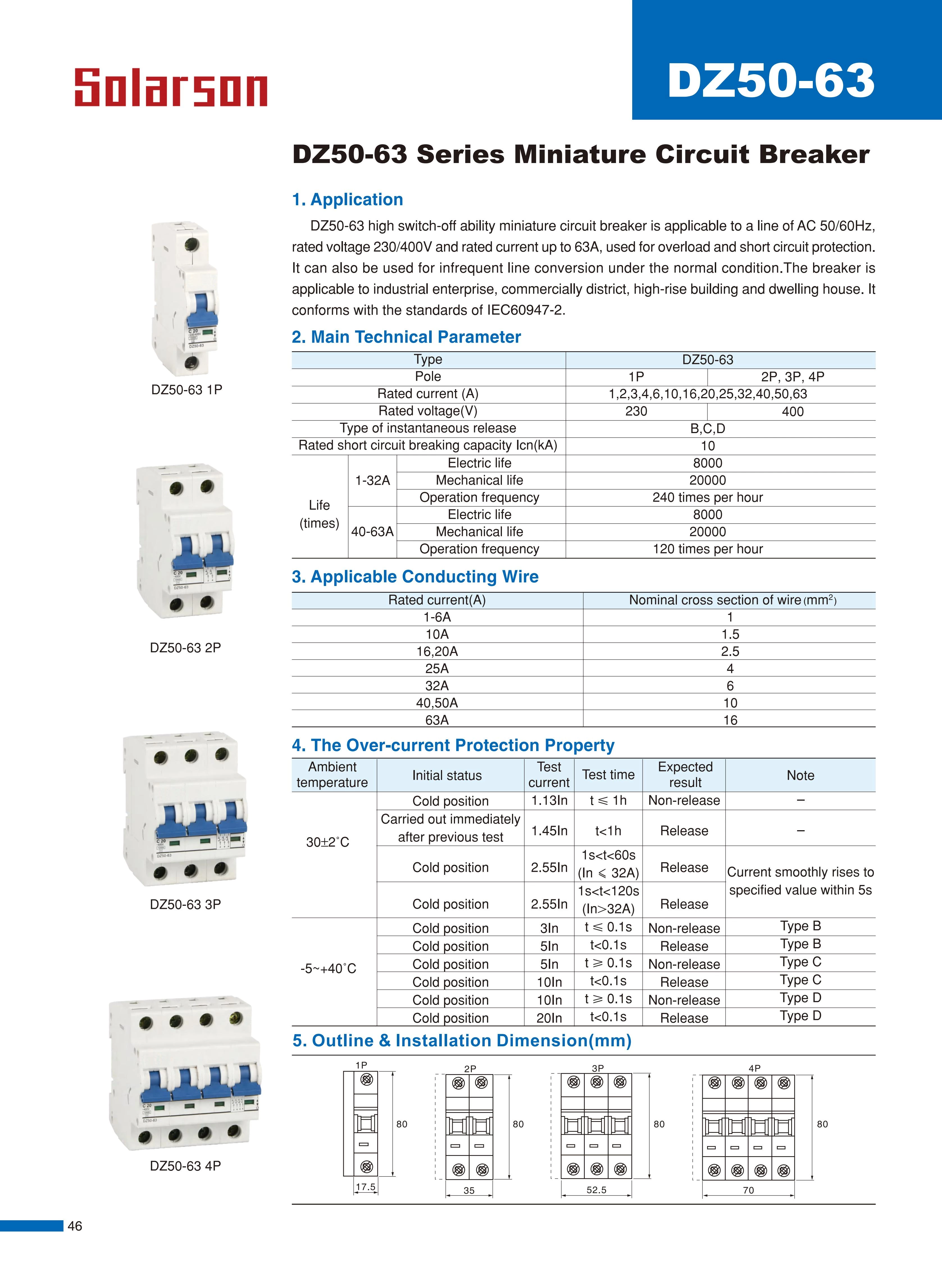 DZ50N-63 Series Miniature Circuit Breaker 230V/400VAC 6A 10A 16A 20A 25A 32A 40A 50A 63A 1P 2P 3P 4P