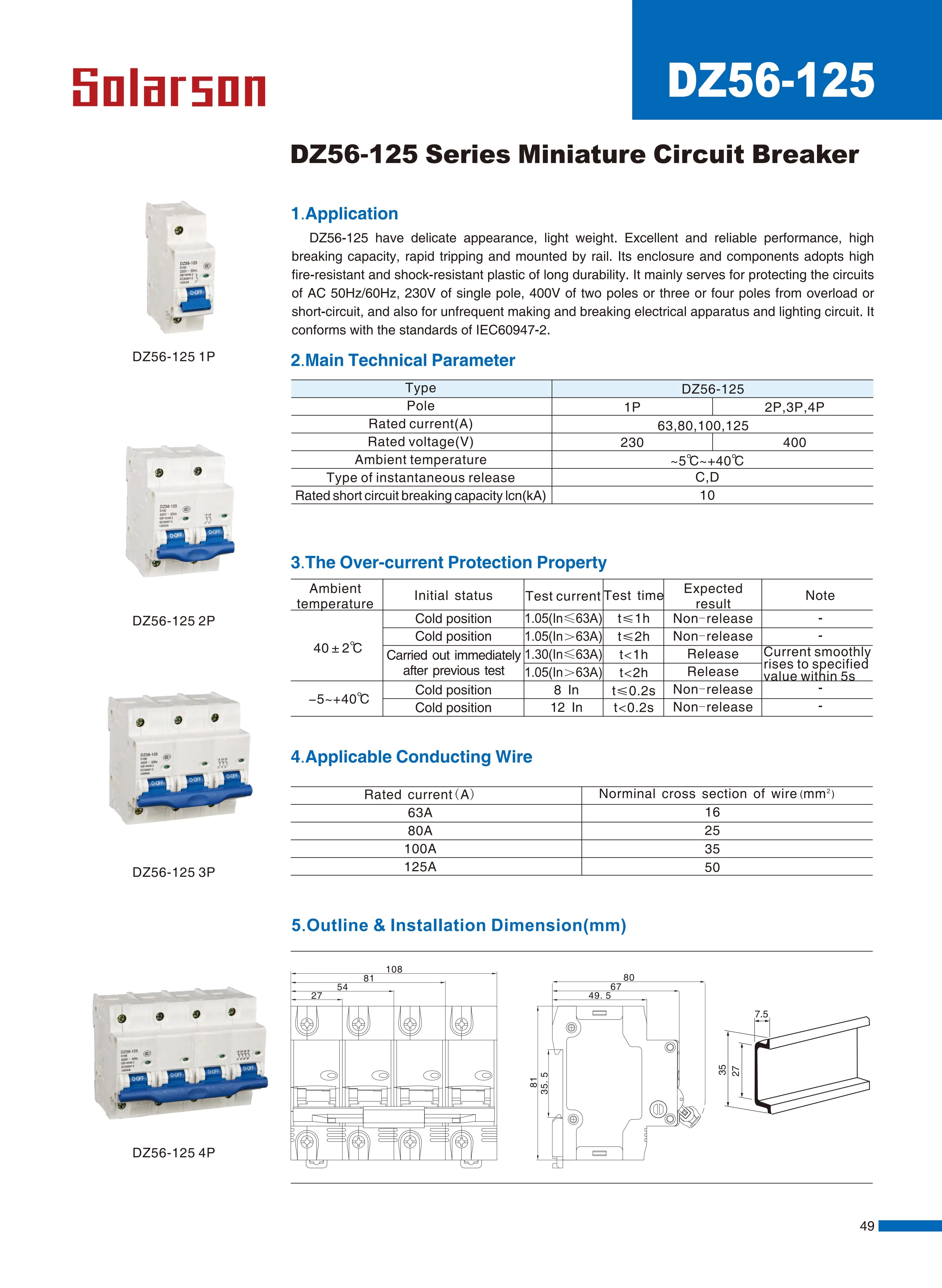 DZ56-125 Series Miniature Circuit Breaker 230V/400VAC 63A 80A 100A 125A 1P 2P 3P 4P