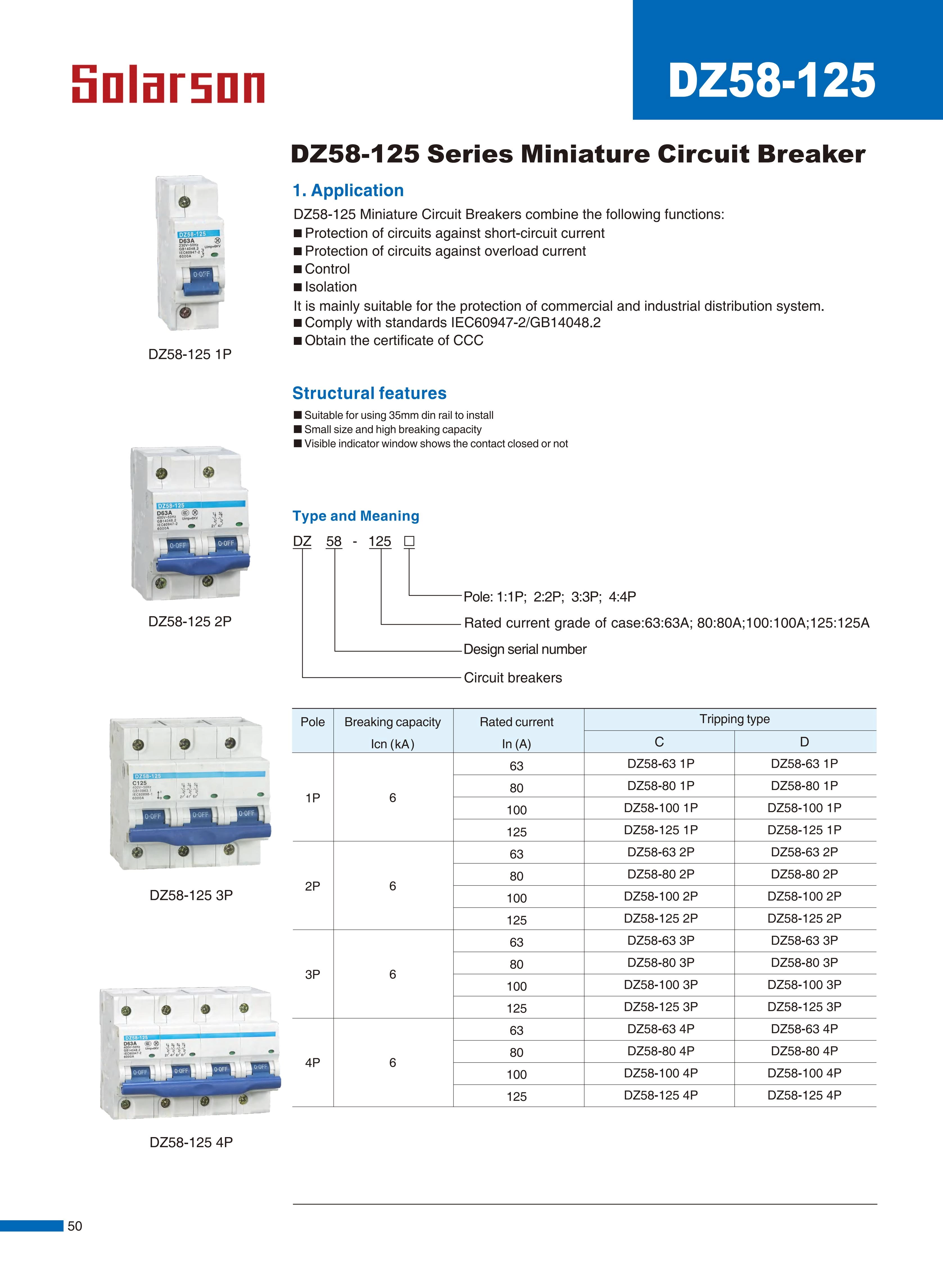 DZ58-125 Series Miniature Circuit Breaker 230V/400VAC 63A 80A 100A 125A 1P 2P 3P 4P