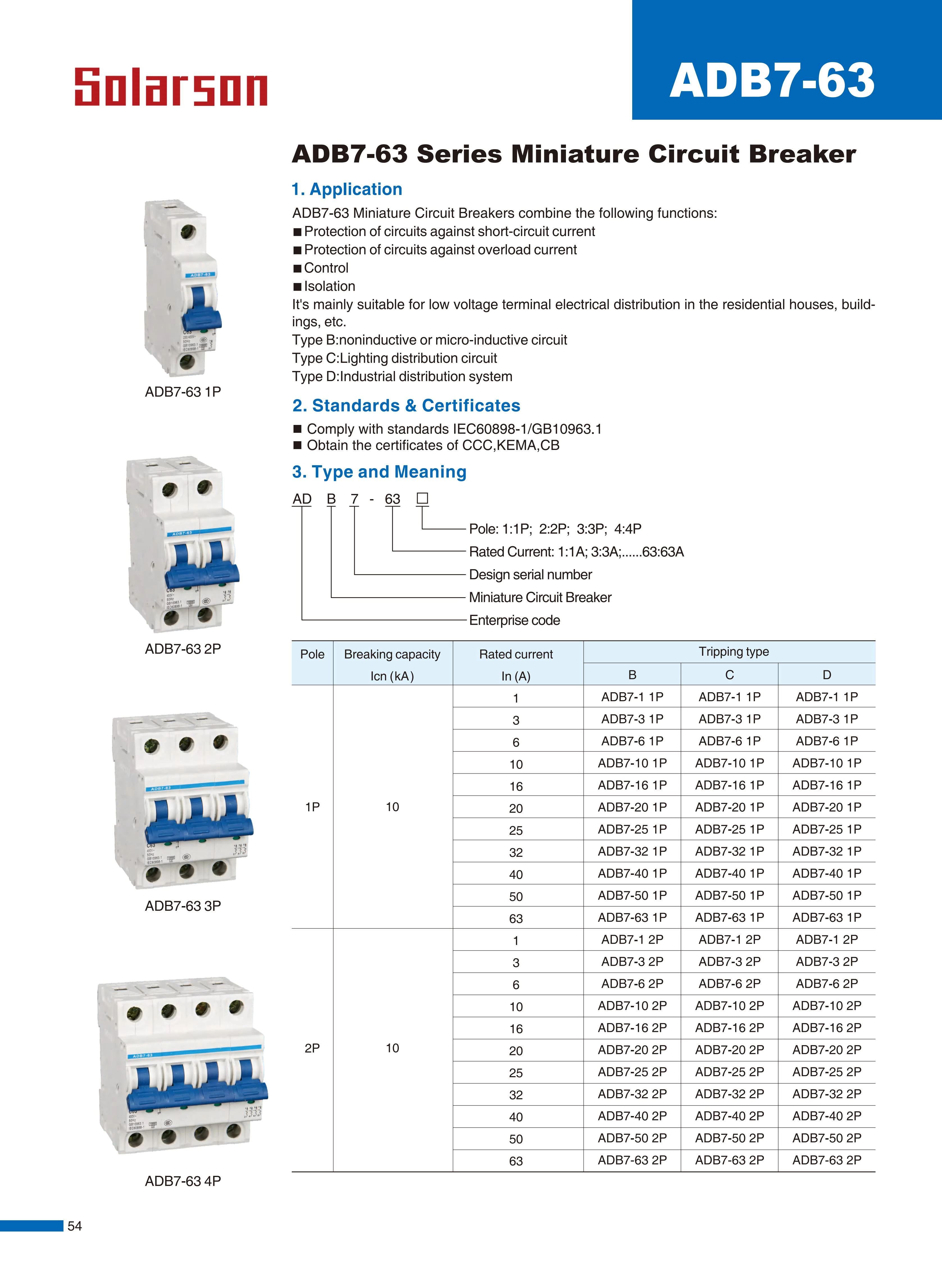 ADB7-63 Series Miniature Circuit Breaker 230V/400VAC 6A 10A 16A 20A 25A 32A 40A 50A 63A