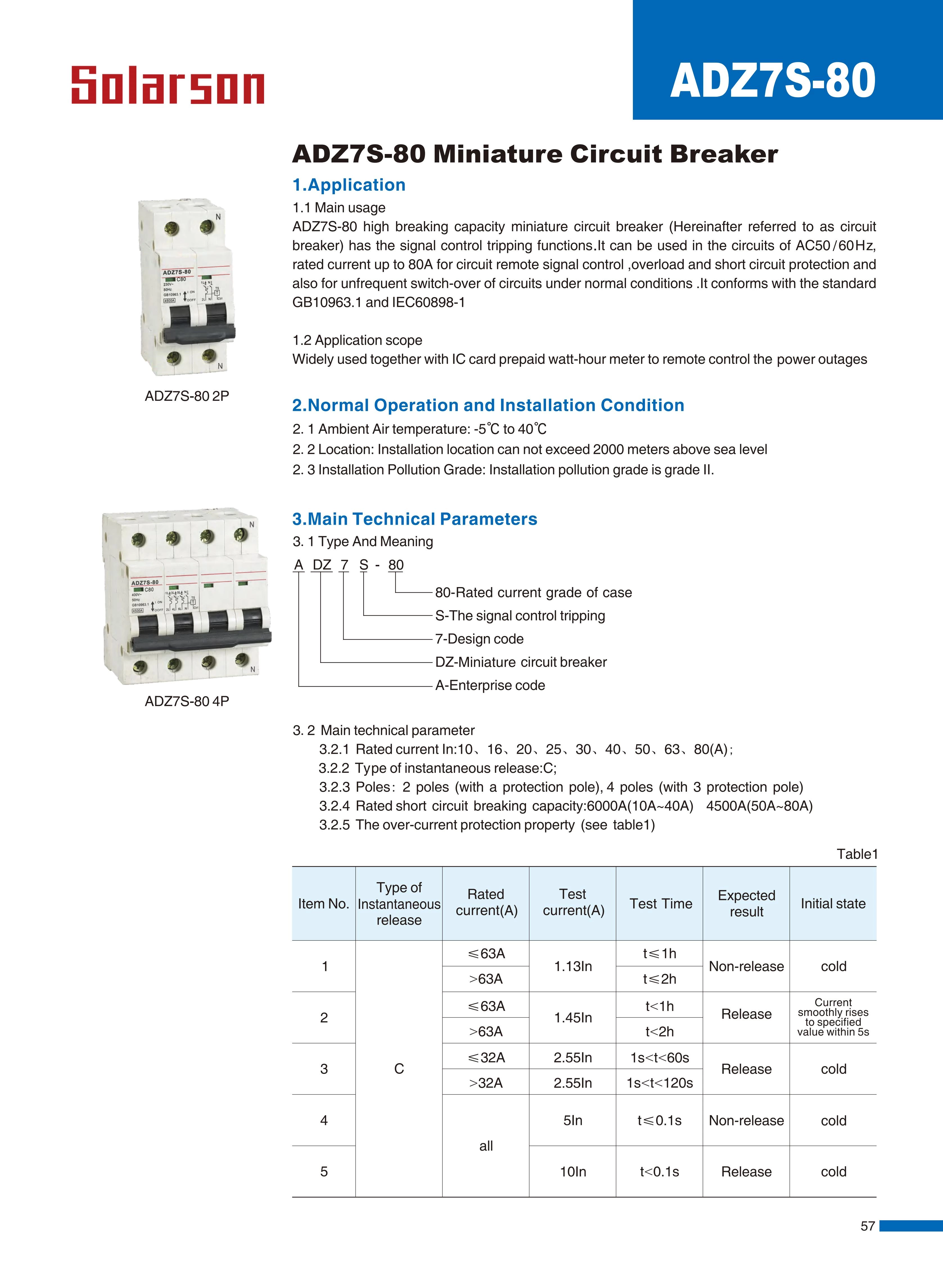 ADZ7S-80 Series Miniature Circuit Breaker MCB 230V/400V 6A 10A 16A 20A 25A 32A 40A 50A 63A 80A