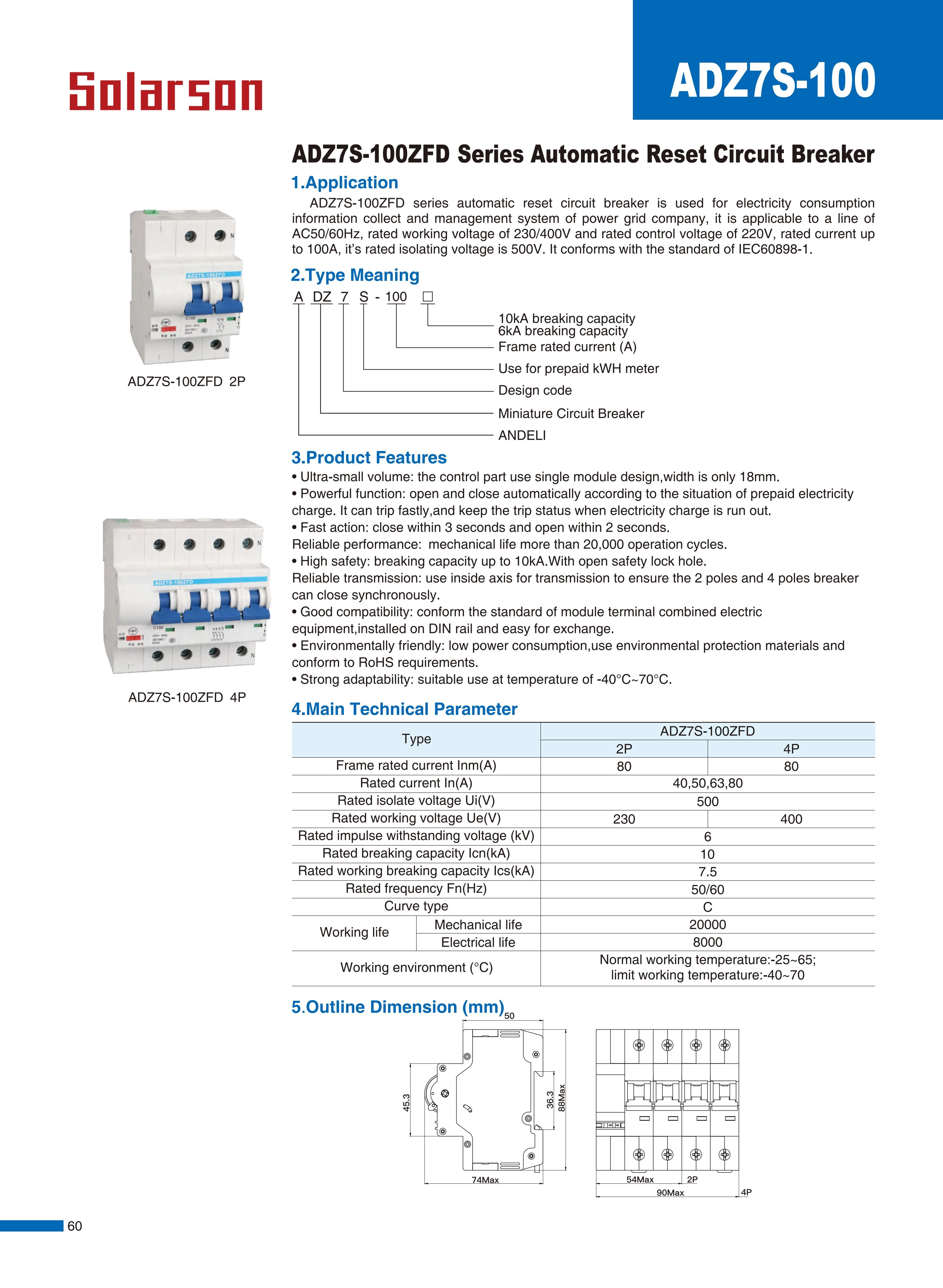 ADZ7S-100 Automatic Reset Circuit Breaker 230V/400V 6A 10A 16A 20A 25A 32A 40A 50A 63A 80A 100A