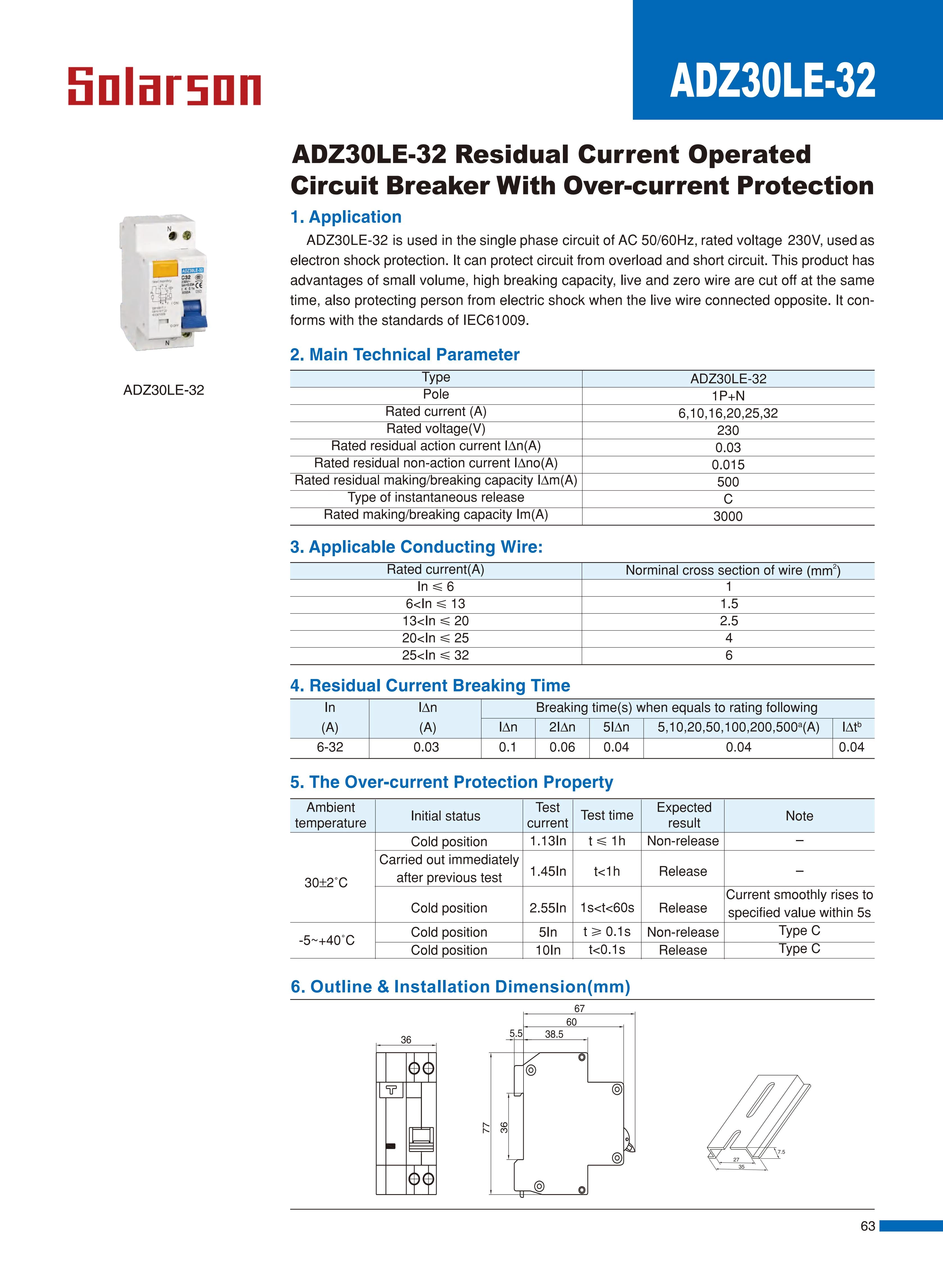 DZ47LE-63 Residual Current Operated Circuit Breaker with Over-current Protection 230VAC up to 63A 1P+N,2P,3P+N,4P