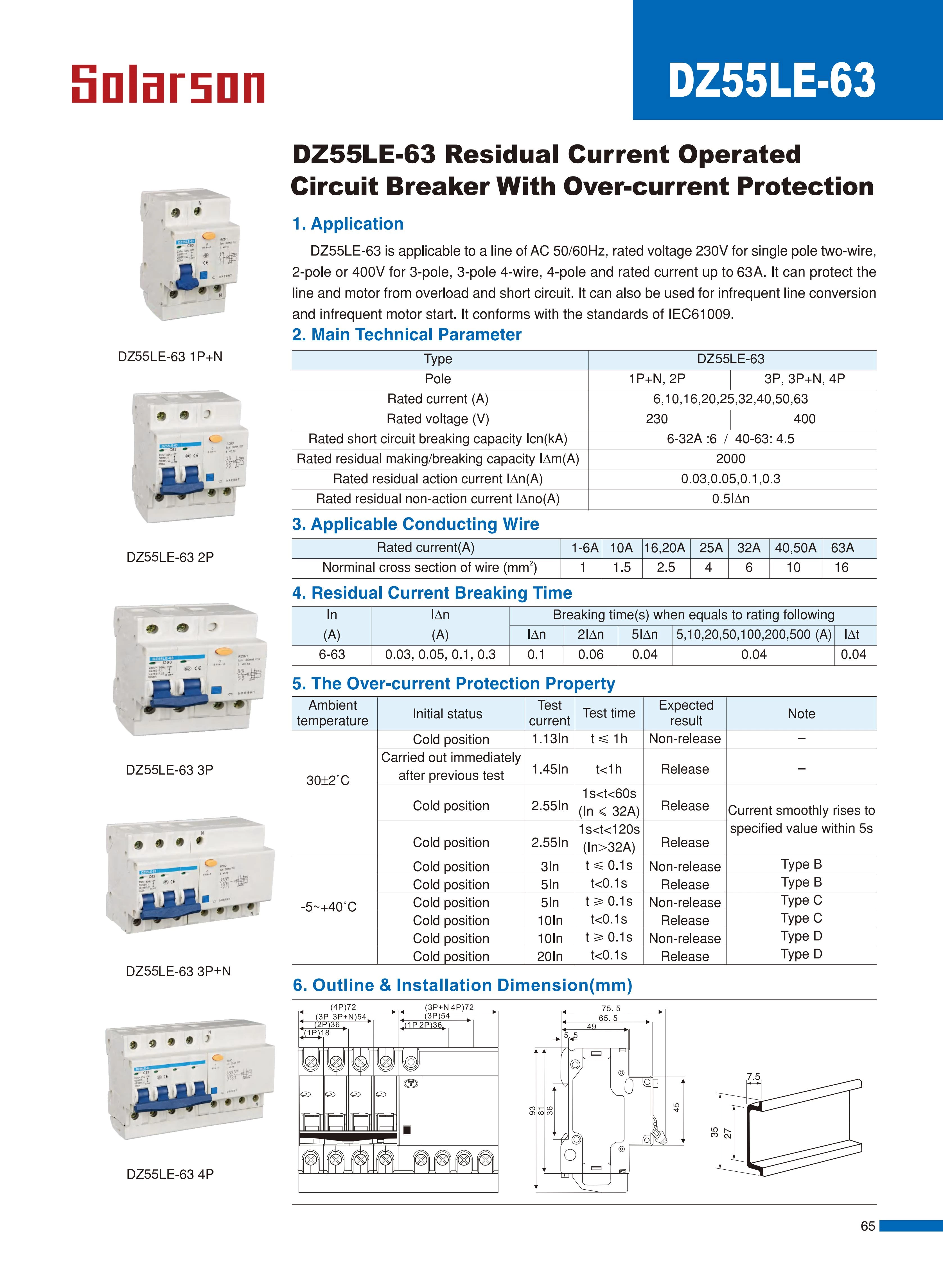 DZ55LE-63 Residual Current Operated Circuit Breaker with Over-current Protection 230VAC 6A 10A 16A 20A 25A 32A 40A 50A 63A
