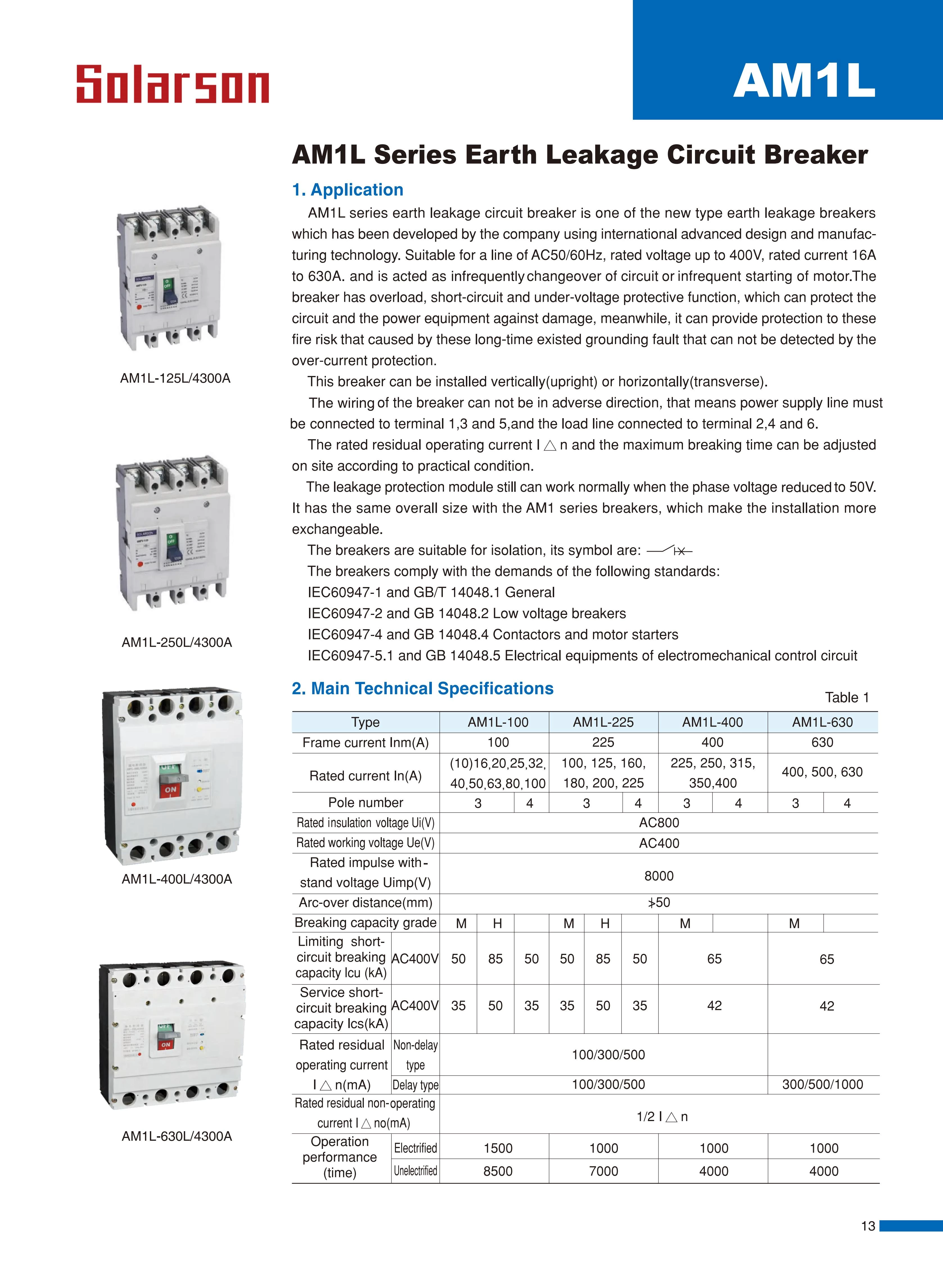 AM1L Series Earth Leakage Circuit Breaker 400VAC 500VAC 3P 4P AM1L-100 AM1L-225 AM1L-400 AM1L-630