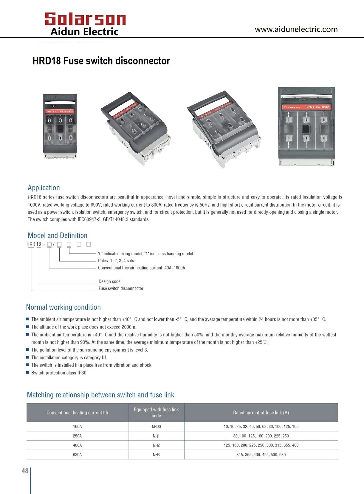 48VDC Battery protection fuse Disconnector switch 630A for NH3 fuse grey colour