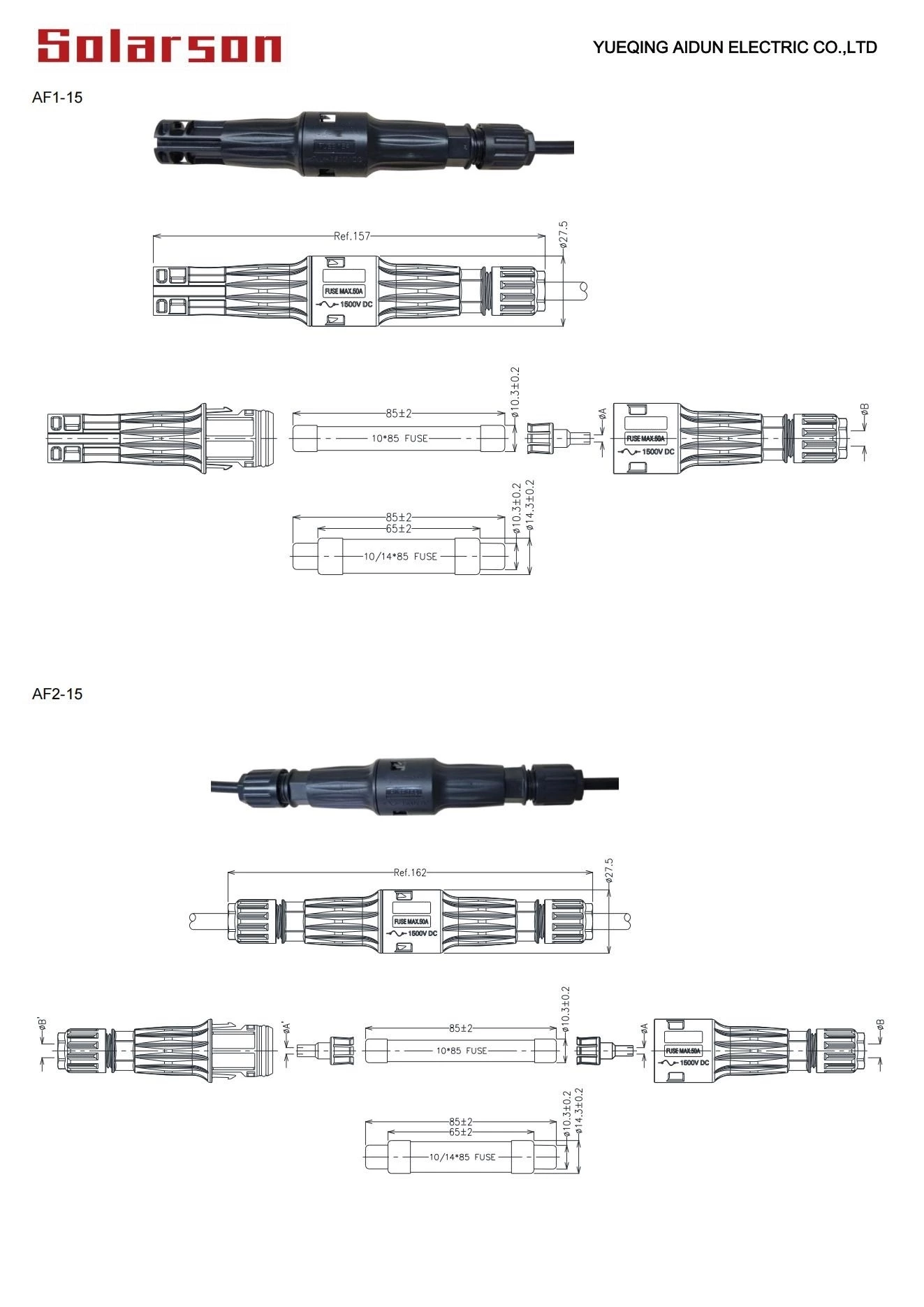 AF1-15 1500VDC Solar Fuse Connector 1A,2A,3A,3.5A,4A,5A,6A,8A,10A,12A,15A,20A,25A,30A,32A,40A,50A gPV