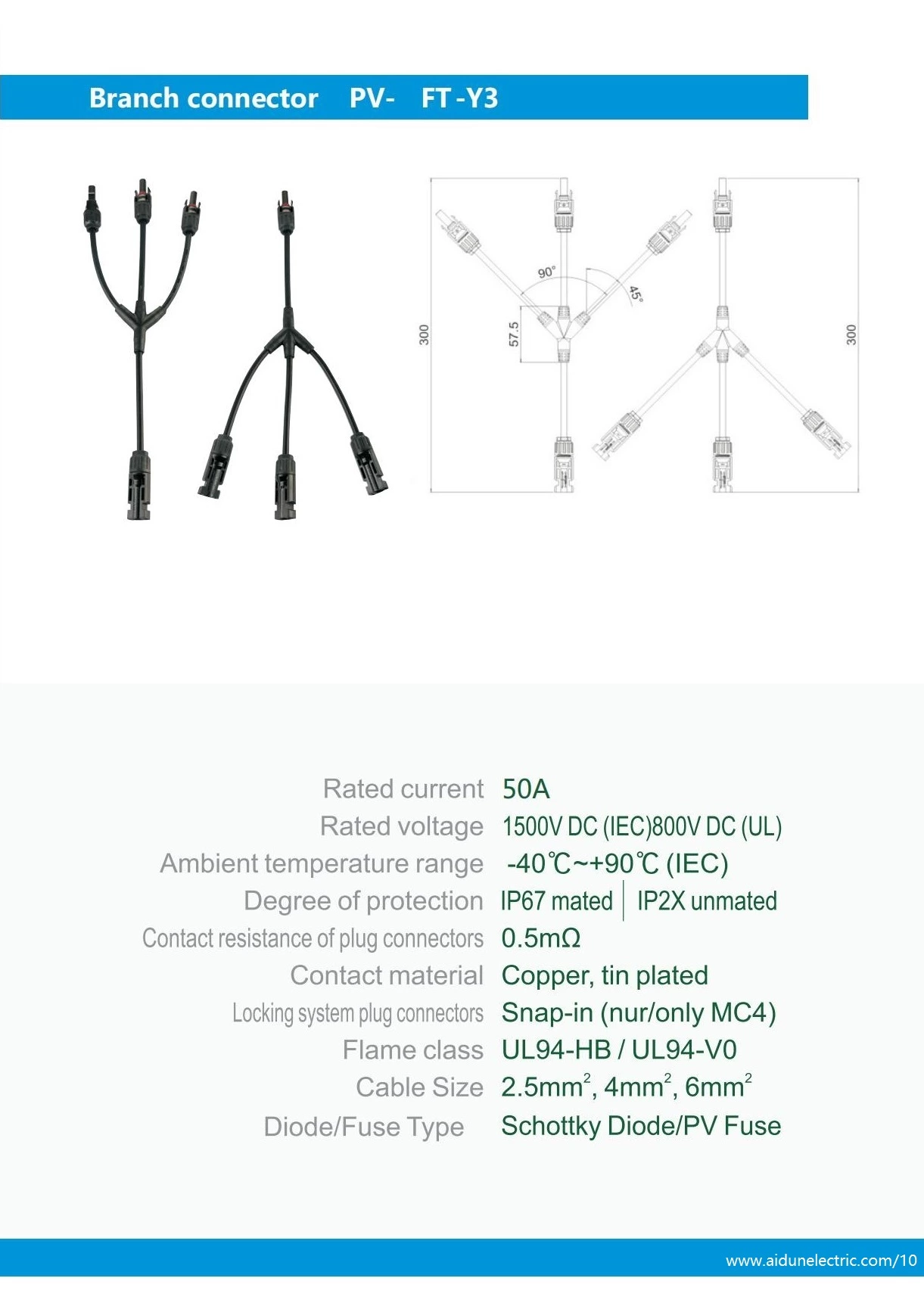 China IP67 1000Vdc Solar Y Branch Connectors Y3 1 to 3  Type Branch DC Waterproof Male and Female Solar Connector