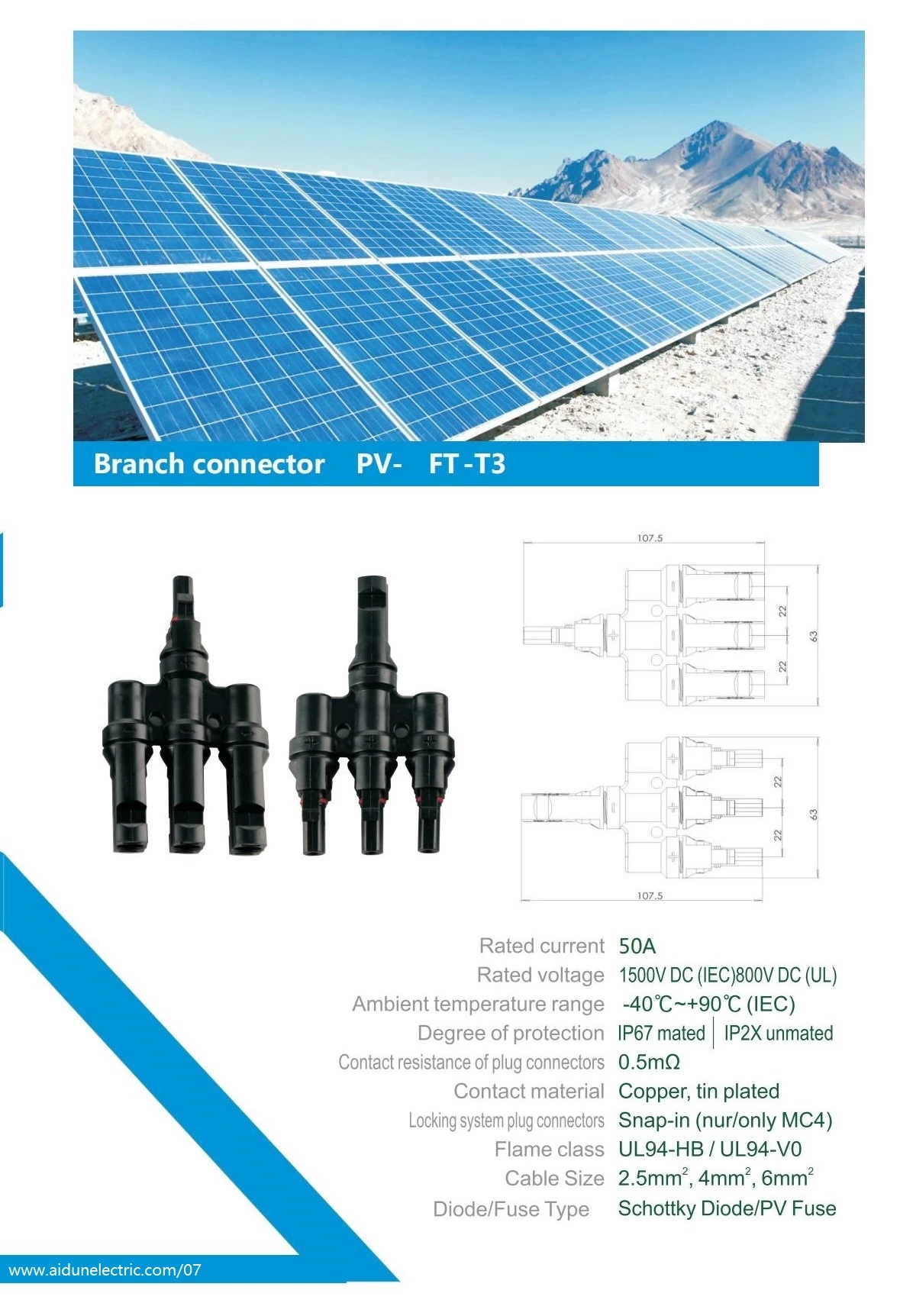 China IP67 1000Vdc Solar T Branch Connectors T3 1 to 3 Type Branch DC Waterproof Male and Female Solar Connector