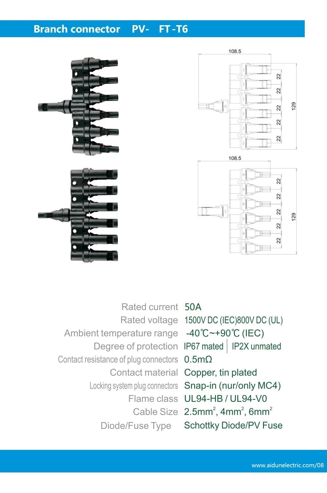 China IP67 1000Vdc Solar T Branch Connectors T4 1 to 4 Type Branch DC Waterproof Male and Female Solar Connector