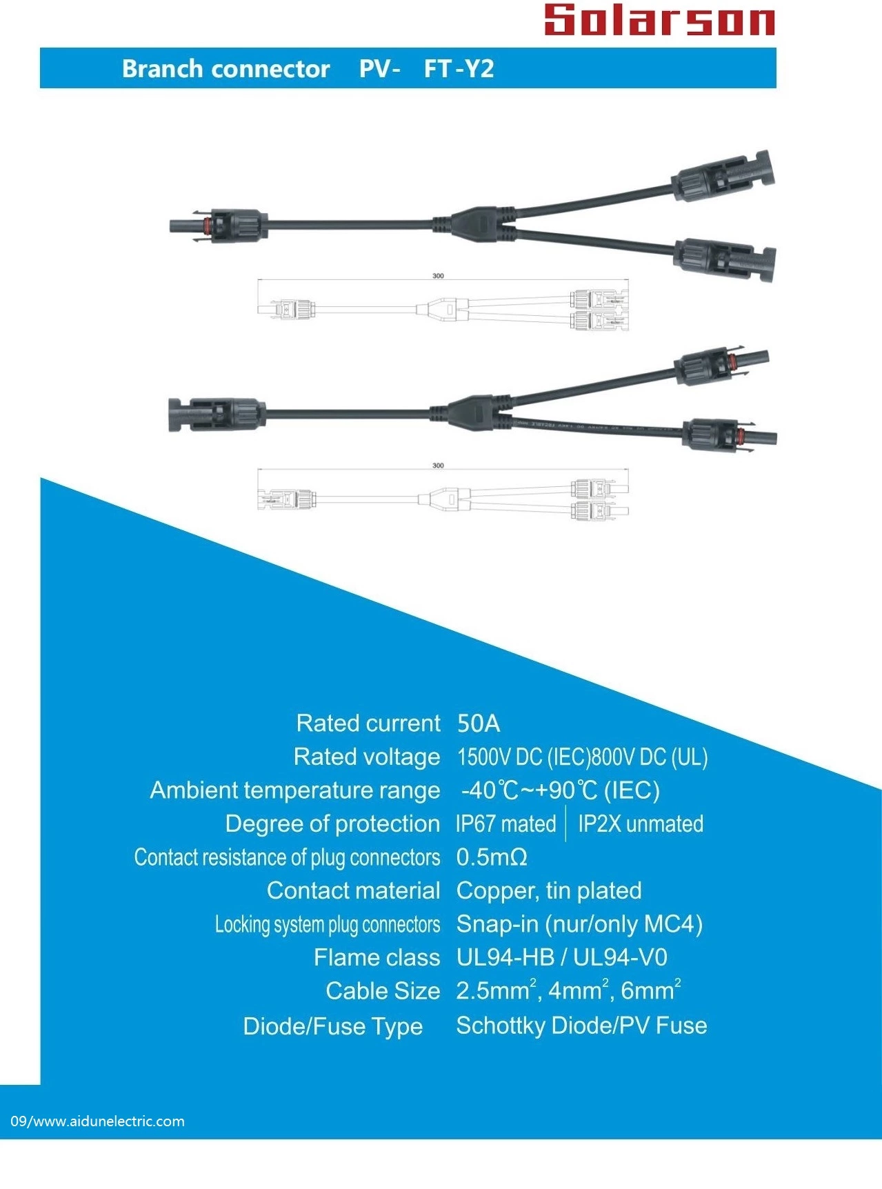 China IP67 1000Vdc Solar Y Branch Connectors Y2 1 to 2 Type Branch DC Waterproof Male and Female Solar Connector